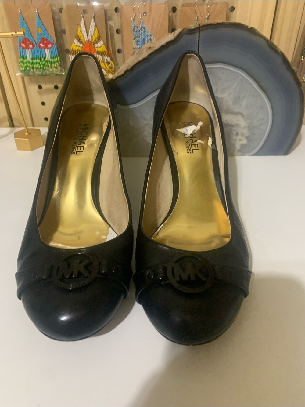 Michael Kors Black Leather Round-Toe Heels with MK Emblem